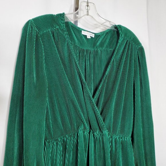 Baltic Born Satin Maxi Dress L Green Accordion Pleated V Neck Elastic Empire - Picture 2 of 6